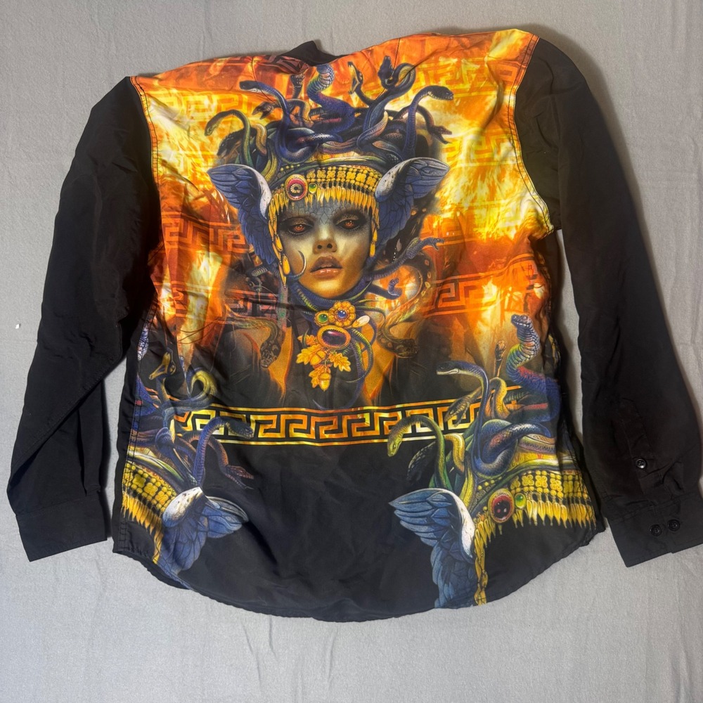 Akademiks Mens Medusa Graphic Button Down Shirt Black Orange XL